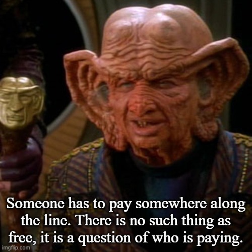 Zek the Grand Nagus | Someone has to pay somewhere along the line. There is no such thing as free, it is a question of who is paying. | image tagged in zek the grand nagus | made w/ Imgflip meme maker