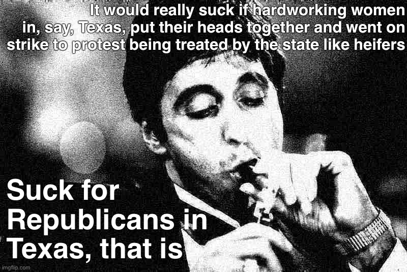 I hear there’s a labor shortage. A general strike right now would be really bad timing! | It would really suck if hardworking women in, say, Texas, put their heads together and went on strike to protest being treated by the state like heifers; Suck for Republicans in Texas, that is | image tagged in al pacino cigar black white deep-fried 2 | made w/ Imgflip meme maker