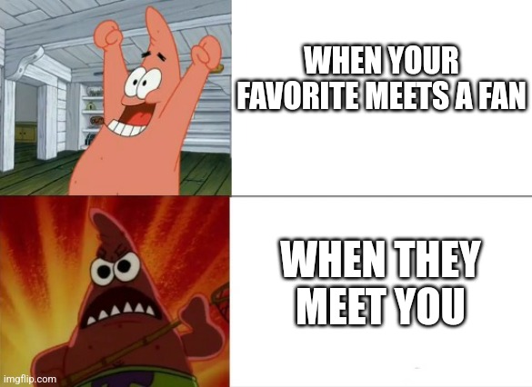 Patrick Star happy and angry |  WHEN YOUR FAVORITE MEETS A FAN; WHEN THEY MEET YOU | image tagged in patrick star happy and angry | made w/ Imgflip meme maker