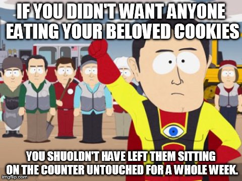 Captain Hindsight | IF YOU DIDN'T WANT ANYONE EATING YOUR BELOVED COOKIES YOU SHUOLDN'T HAVE LEFT THEM SITTING ON THE COUNTER UNTOUCHED FOR A WHOLE WEEK. | image tagged in memes,captain hindsight,AdviceAnimals | made w/ Imgflip meme maker
