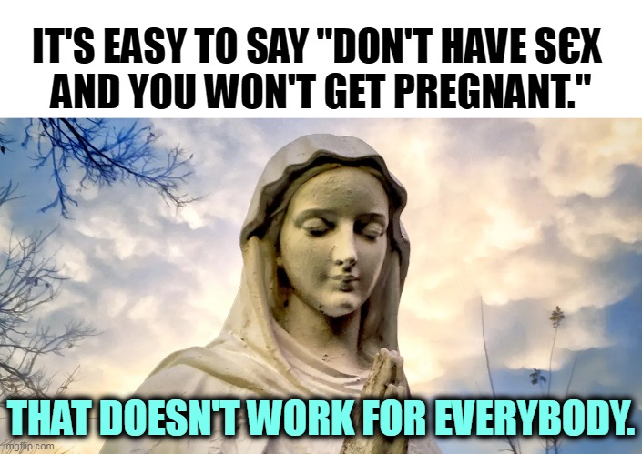 IT'S EASY TO SAY "DON'T HAVE SЄX 
AND YOU WON'T GET PREGNANT."; THAT DOESN'T WORK FOR EVERYBODY. | image tagged in women,pregnancy,virginity | made w/ Imgflip meme maker