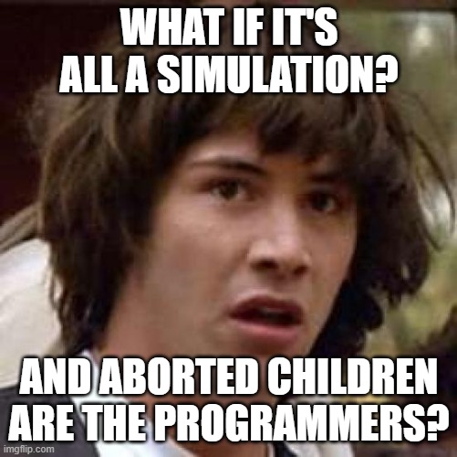 Conspiracy Keanu | WHAT IF IT'S ALL A SIMULATION? AND ABORTED CHILDREN ARE THE PROGRAMMERS? | image tagged in memes,conspiracy keanu | made w/ Imgflip meme maker
