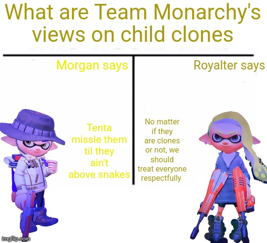 comparison table | What are Team Monarchy's views on child clones; Morgan says; Royalter says; No matter if they are clones or not, we should treat everyone respectfully; Tenta missle them til they ain't above snakes | image tagged in comparison table | made w/ Imgflip meme maker