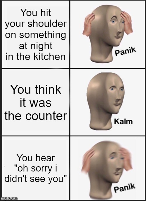 That would be distressing... | You hit your shoulder on something at night in the kitchen; You think it was the counter; You hear "oh sorry i didn't see you" | image tagged in memes,panik kalm panik | made w/ Imgflip meme maker