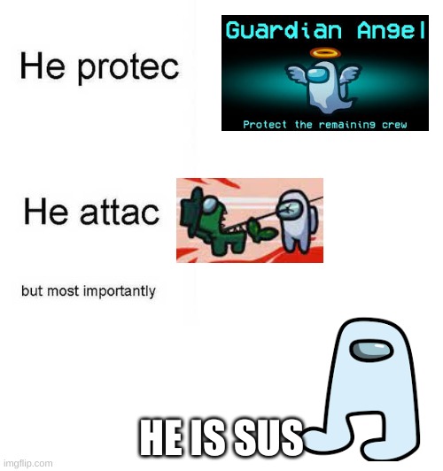 amogus | HE IS SUS | image tagged in he protec he attac but most importantly,among us,sus,amogus | made w/ Imgflip meme maker