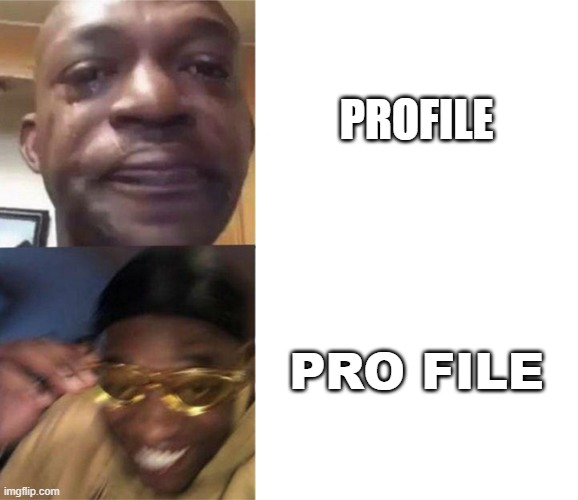 profile,PROfile and pro file(this is a repost) | PROFILE; PRO FILE | image tagged in black guy crying and black guy laughing | made w/ Imgflip meme maker