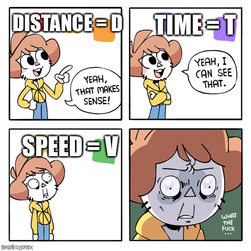 But why? | TIME = T; DISTANCE = D; SPEED = V | image tagged in yeah that makes sense,why,physics,science | made w/ Imgflip meme maker