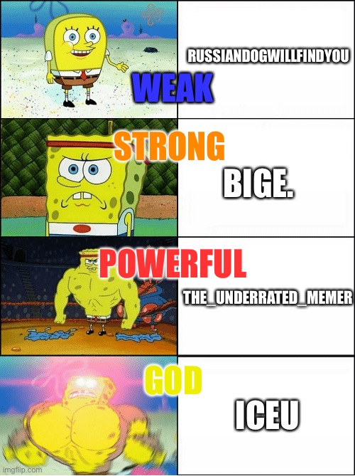 The Most Powerful ImgFlip Users |  RUSSIANDOGWILLFINDYOU; WEAK; STRONG; BIGE. POWERFUL; THE_UNDERRATED_MEMER; GOD; ICEU | image tagged in sponge finna commit muder,imgflip users,powerful | made w/ Imgflip meme maker