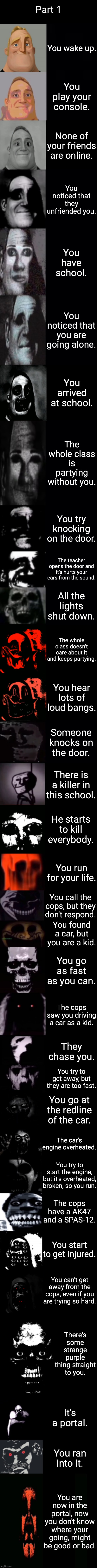 Story mode part 1 (Mr incredible becoming uncanny 3rd extension) | Part 1; You wake up. You play your console. None of your friends are online. You noticed that they unfriended you. You have school. You noticed that you are going alone. You arrived at school. The whole class is partying without you. You try knocking on the door. The teacher opens the door and it's hurts your ears from the sound. All the lights shut down. The whole class doesn't care about it and keeps partying. You hear lots of loud bangs. Someone knocks on the door. There is a killer in this school. He starts to kill everybody. You run for your life. You call the cops, but they don't respond. You found a car, but you are a kid. You go as fast as you can. The cops saw you driving a car as a kid. They chase you. You try to get away, but they are too fast. You go at the redline of the car. The car's engine overheated. You try to start the engine, but it's overheated, broken, so you run. The cops have a AK47 and a SPAS-12. You start to get injured. You can't get away from the cops, even if you are trying so hard. There's some strange purple thing straight to you. It's a portal. You ran into it. You are now in the portal, now you don't know where your going, might be good or bad. | image tagged in mr incredible becoming uncanny 3rd extension,story mode uncanny and canny,mr incredible,uncanny | made w/ Imgflip meme maker