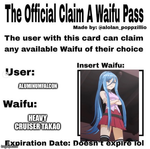 Gotta start a harem of waifus | ALUMINUMFALCON; HEAVY CRUISER TAKAO | image tagged in official claim a waifu pass | made w/ Imgflip meme maker
