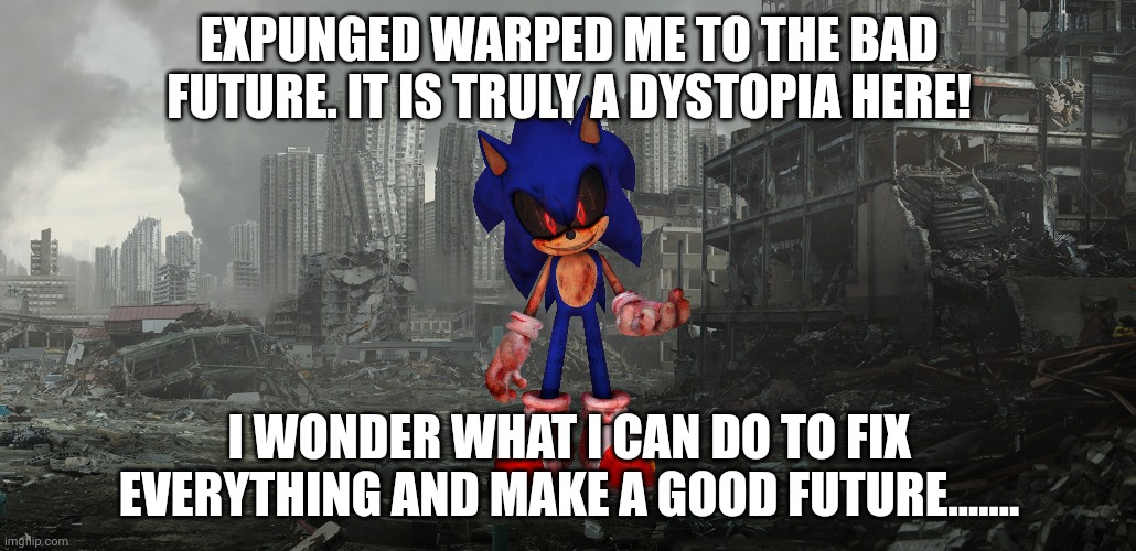 The Bad Future. | EXPUNGED WARPED ME TO THE BAD FUTURE. IT IS TRULY A DYSTOPIA HERE! I WONDER WHAT I CAN DO TO FIX EVERYTHING AND MAKE A GOOD FUTURE....... | image tagged in dystopia,future,sonic the hedgehog,time travel,dave and bambi | made w/ Imgflip meme maker