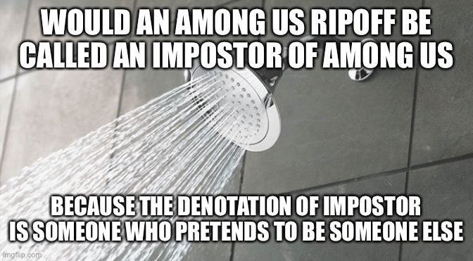 Shower Thoughts | WOULD AN AMONG US RIPOFF BE CALLED AN IMPOSTOR OF AMONG US; BECAUSE THE DENOTATION OF IMPOSTOR IS SOMEONE WHO PRETENDS TO BE SOMEONE ELSE | image tagged in shower thoughts | made w/ Imgflip meme maker