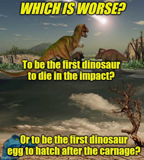 Dinosaurs had it rough | WHICH IS WORSE? To be the first dinosaur to die in the impact? Or to be the first dinosaur egg to hatch after the carnage? | image tagged in dinosaurs meteor,wasteland,baby,dinosaur | made w/ Imgflip meme maker