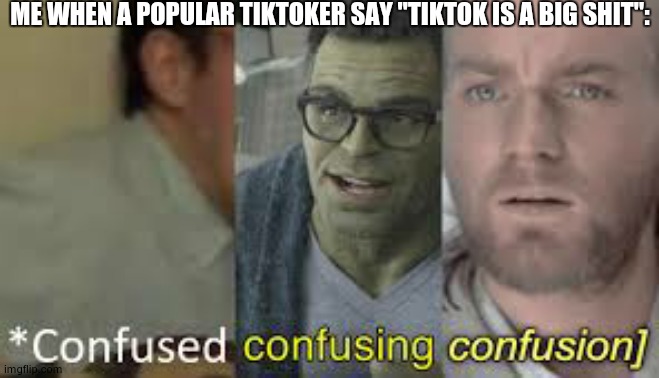 Confused confusing confusion | ME WHEN A POPULAR TIKTOKER SAY "TIKTOK IS A BIG SHIT": | image tagged in confused confusing confusion | made w/ Imgflip meme maker