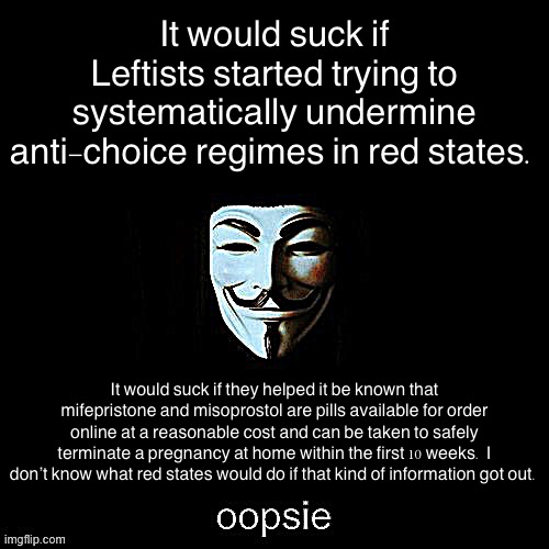 Let’s work together to make sure this kind of subversion isn’t tolerated on Politifake! | It would suck if Leftists started trying to systematically undermine anti-choice regimes in red states. It would suck if they helped it be known that mifepristone and misoprostol are pills available for order online at a reasonable cost and can be taken to safely terminate a pregnancy at home within the first 10 weeks. I don’t know what red states would do if that kind of information got out. | image tagged in anonymous oopsie | made w/ Imgflip meme maker