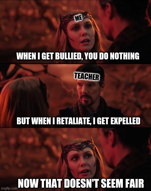 It doesn't seem fair | ME; WHEN I GET BULLIED, YOU DO NOTHING; TEACHER; BUT WHEN I RETALIATE, I GET EXPELLED; NOW THAT DOESN'T SEEM FAIR | image tagged in it doesn't seem fair | made w/ Imgflip meme maker