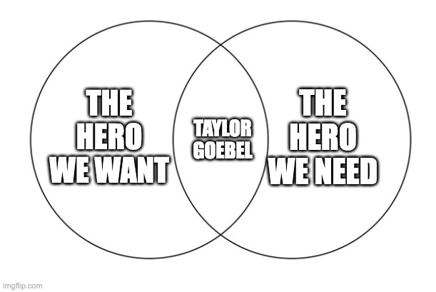 venn diagram | THE HERO WE NEED; THE HERO WE WANT; TAYLOR GOEBEL | image tagged in venn diagram | made w/ Imgflip meme maker