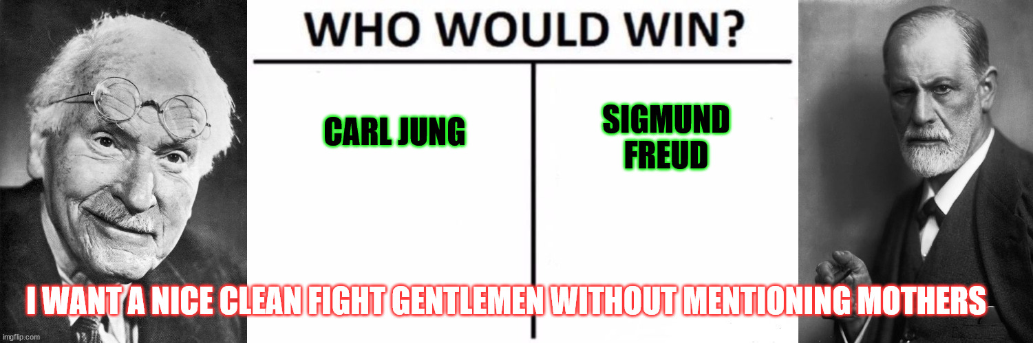 Psychoanalyst | CARL JUNG; SIGMUND FREUD; I WANT A NICE CLEAN FIGHT GENTLEMEN WITHOUT MENTIONING MOTHERS | image tagged in carl jung says so,memes,who would win,sigmund freud | made w/ Imgflip meme maker