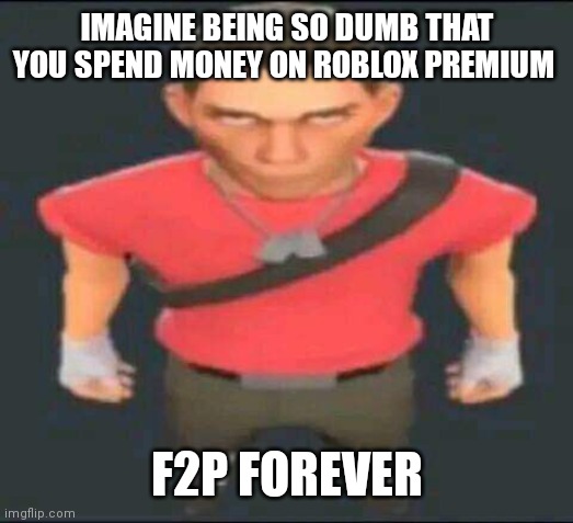 @lordreapus, what a waste of your money | IMAGINE BEING SO DUMB THAT YOU SPEND MONEY ON ROBLOX PREMIUM; F2P FOREVER | image tagged in bro | made w/ Imgflip meme maker