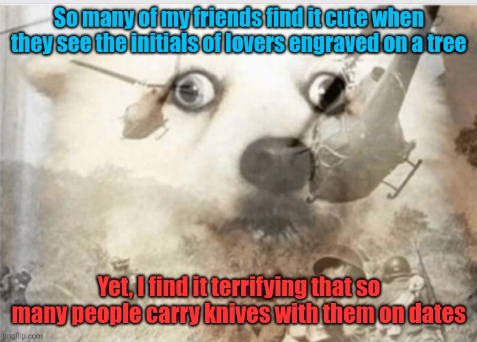 PTSD dog | So many of my friends find it cute when they see the initials of lovers engraved on a tree; Yet, I find it terrifying that so many people carry knives with them on dates | image tagged in ptsd dog | made w/ Imgflip meme maker