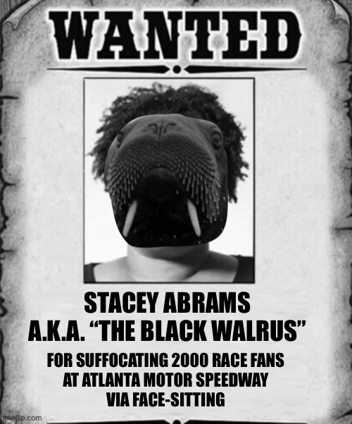 Stacey Abrams is still on the loose | STACEY ABRAMS
A.K.A. “THE BLACK WALRUS”; FOR SUFFOCATING 2000 RACE FANS
AT ATLANTA MOTOR SPEEDWAY
VIA FACE-SITTING | image tagged in memes,stacey abrams,black walrus,nascar,bad joke,voting | made w/ Imgflip meme maker