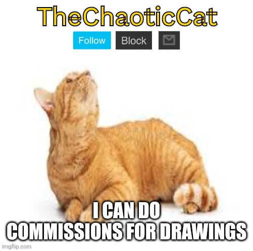 TheChaoticCat temp | I CAN DO COMMISSIONS FOR DRAWINGS | image tagged in thechaoticcat temp | made w/ Imgflip meme maker