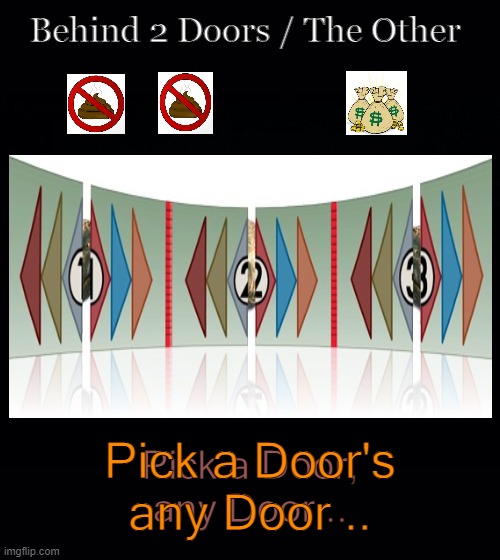 Monty Hall (Problem) | Behind 2 Doors / The Other; Pick a Door's
any Door .. Pick a Door,
any Door .. | image tagged in let's,make a,deal | made w/ Imgflip meme maker