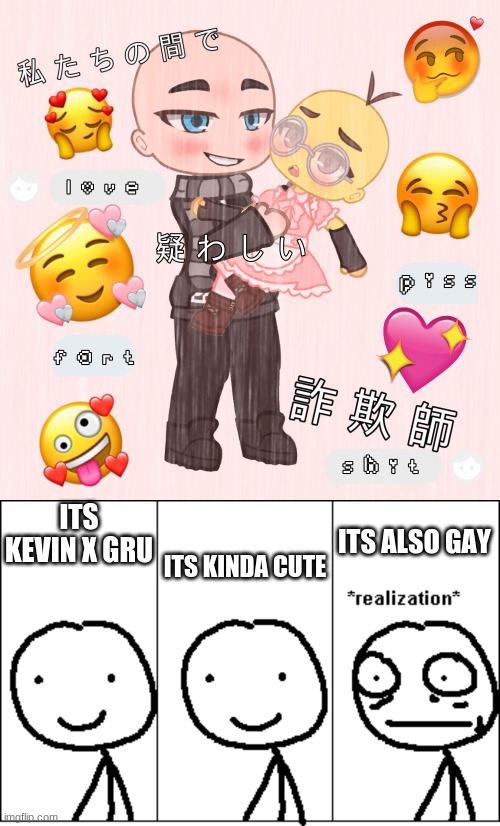 gay meme | ITS ALSO GAY; ITS KEVIN X GRU; ITS KINDA CUTE | image tagged in relize | made w/ Imgflip meme maker
