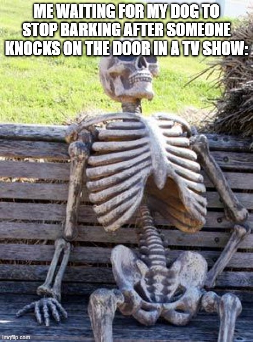 Waiting Skeleton | ME WAITING FOR MY DOG TO STOP BARKING AFTER SOMEONE KNOCKS ON THE DOOR IN A TV SHOW: | image tagged in memes,waiting skeleton,dogs | made w/ Imgflip meme maker