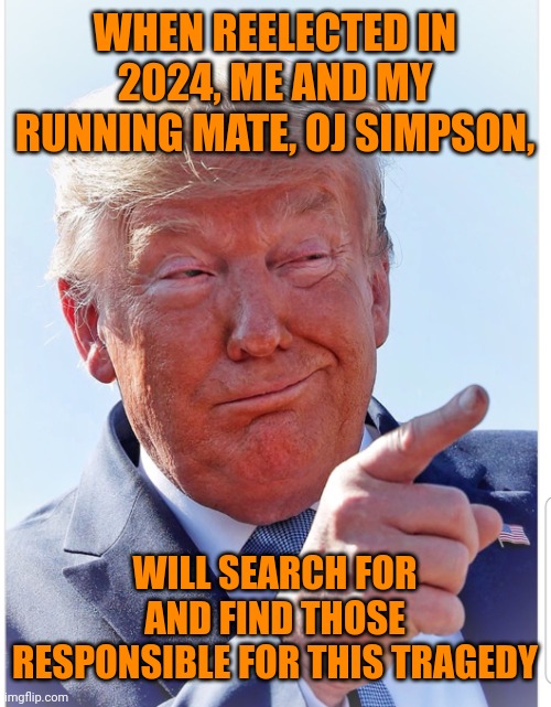 Trump OJ 2024, because why not? | WHEN REELECTED IN 2024, ME AND MY RUNNING MATE, OJ SIMPSON, WILL SEARCH FOR AND FIND THOSE RESPONSIBLE FOR THIS TRAGEDY | image tagged in trump pointing | made w/ Imgflip meme maker