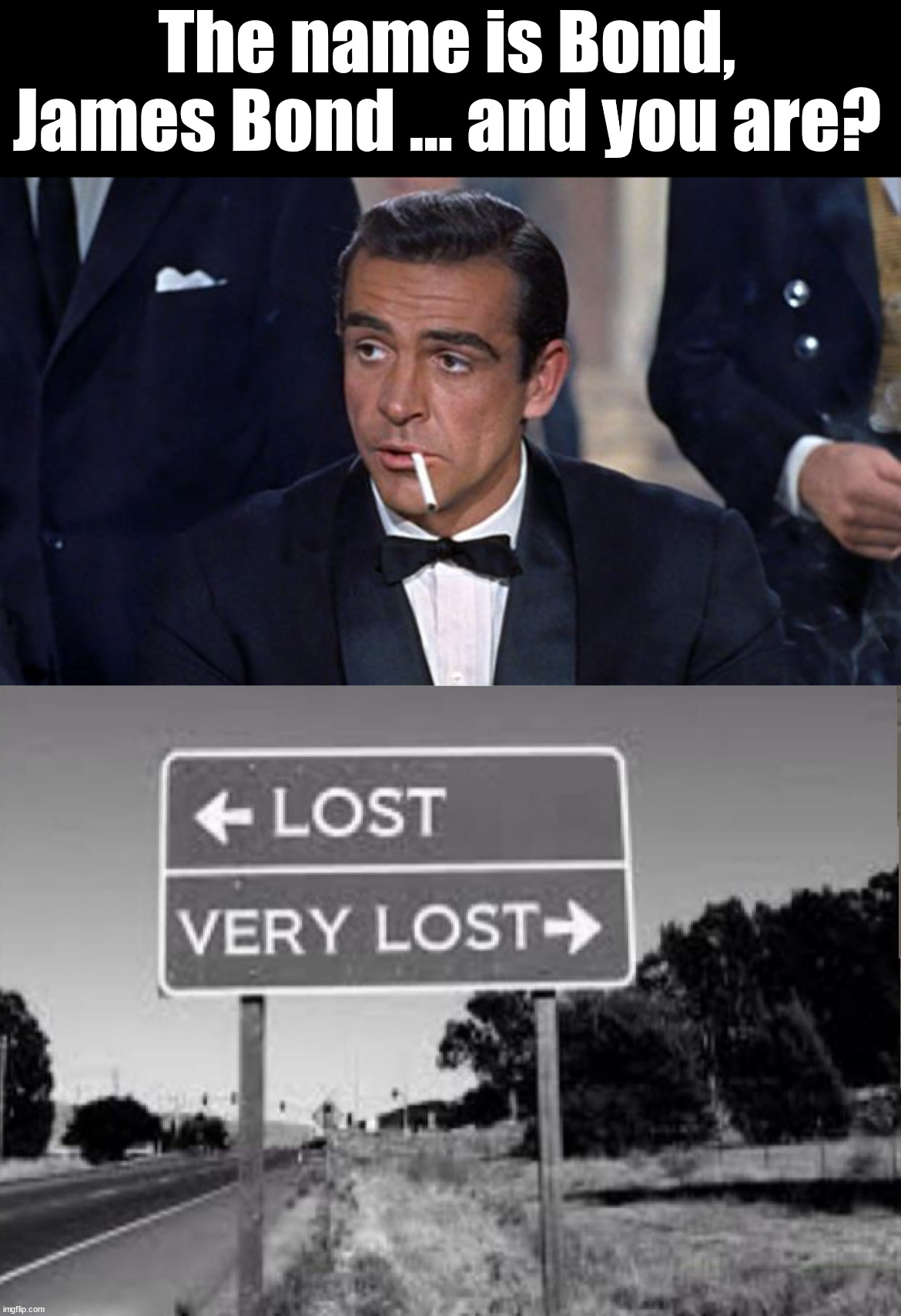 Who am I .... Lost, Very Lost |  The name is Bond, James Bond ... and you are? | image tagged in james bond,who_am_i | made w/ Imgflip meme maker