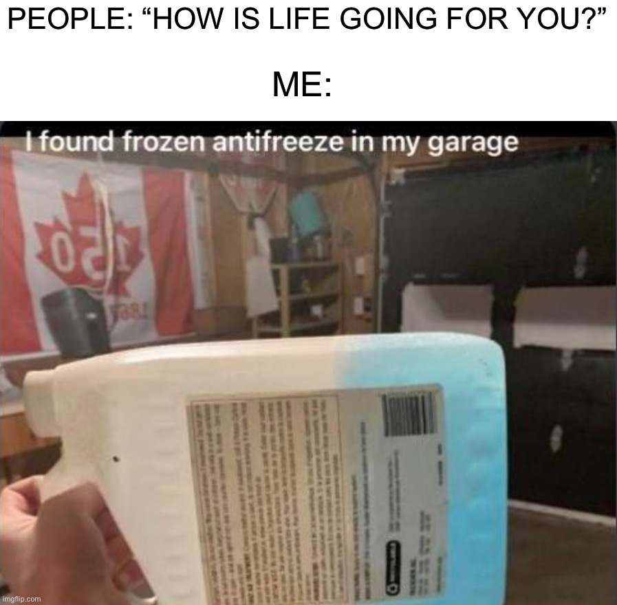 How tf does this happen | PEOPLE: “HOW IS LIFE GOING FOR YOU?”; ME: | image tagged in memes,funny,antifreeze,wtf,cold,winter | made w/ Imgflip meme maker