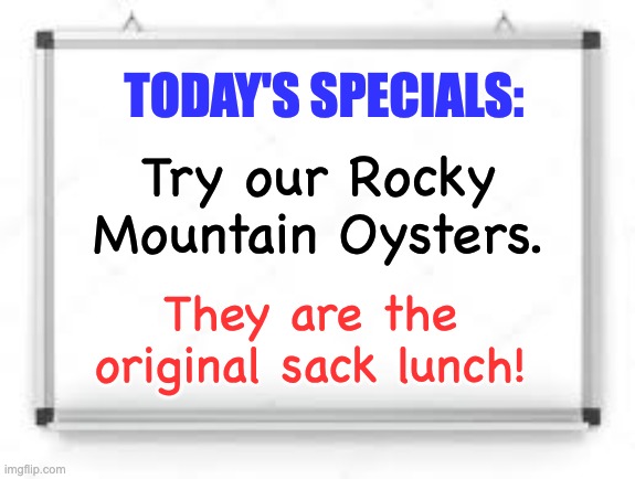 Specials | TODAY'S SPECIALS:; Try our Rocky Mountain Oysters. They are the original sack lunch! | image tagged in blank whiteboard | made w/ Imgflip meme maker