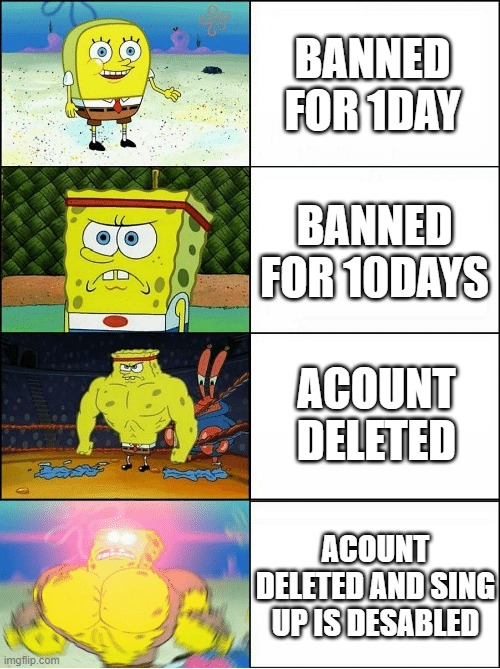 Sponge Finna Commit Muder | BANNED FOR 1DAY; BANNED FOR 10DAYS; ACOUNT DELETED; ACOUNT DELETED AND SING UP IS DESABLED | image tagged in sponge finna commit muder | made w/ Imgflip meme maker