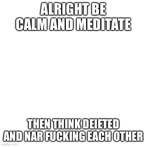 Bruv | ALRIGHT BE CALM AND MEDITATE; THEN THINK DEIETED AND NAR FUCKING EACH OTHER | image tagged in memes,blank transparent square | made w/ Imgflip meme maker