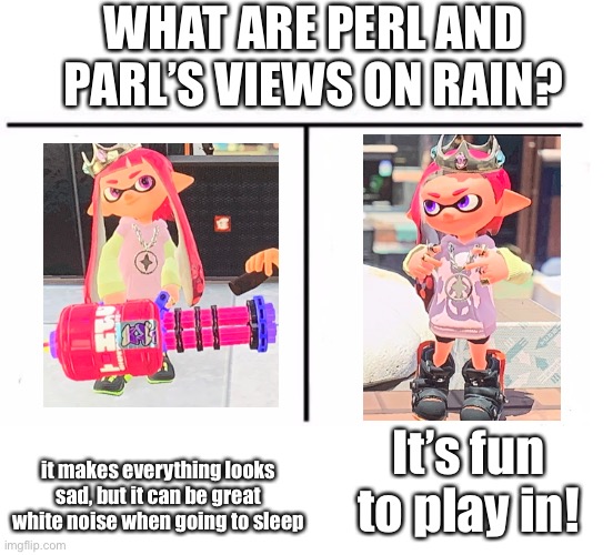 Rain is fun | WHAT ARE PERL AND PARL’S VIEWS ON RAIN? It’s fun to play in! it makes everything looks sad, but it can be great white noise when going to sleep | image tagged in blank white template,comparison table,credit to cala and drm for idea | made w/ Imgflip meme maker