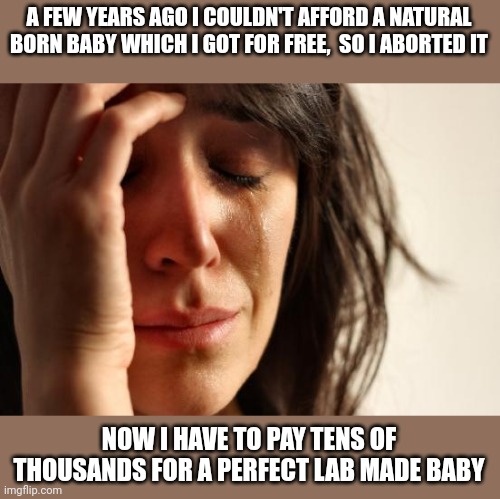 First World Problems Meme | A FEW YEARS AGO I COULDN'T AFFORD A NATURAL BORN BABY WHICH I GOT FOR FREE,  SO I ABORTED IT NOW I HAVE TO PAY TENS OF THOUSANDS FOR A PERFE | image tagged in memes,first world problems | made w/ Imgflip meme maker