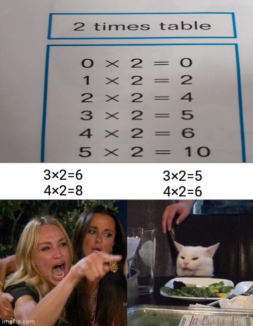 The 2 times table | 3×2=6
4×2=8; 3×2=5
4×2=6 | image tagged in memes,woman yelling at cat,funny,you had one job,you had one job just the one,hold up | made w/ Imgflip meme maker