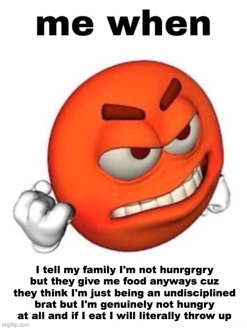 im gunna kms | I tell my family I'm not hunrgrgry but they give me food anyways cuz they think I'm just being an undisciplined brat but I'm genuinely not hungry at all and if I eat I will literally throw up | image tagged in me when | made w/ Imgflip meme maker