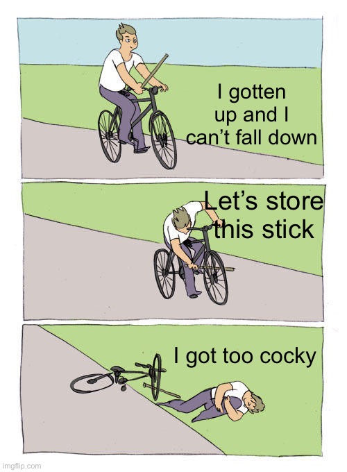 Bike Fall Meme | I gotten up and I can’t fall down; Let’s store this stick; I got too cocky | image tagged in memes,bike fall | made w/ Imgflip meme maker