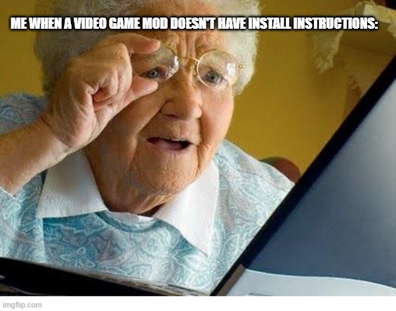 old lady at computer |  ME WHEN A VIDEO GAME MOD DOESN'T HAVE INSTALL INSTRUCTIONS: | image tagged in old lady at computer | made w/ Imgflip meme maker
