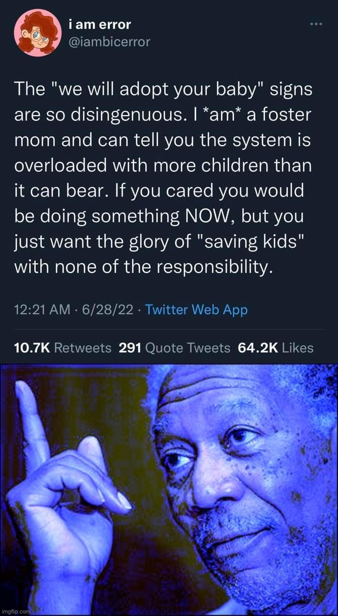 “Adoption, not abortion” is wishful, magical thinking for a huge number of foster children. | image tagged in pro-life disingenuous,morgan freeman this blue version,pro-life,disingenuous,conservative logic,conservative hypocrisy | made w/ Imgflip meme maker