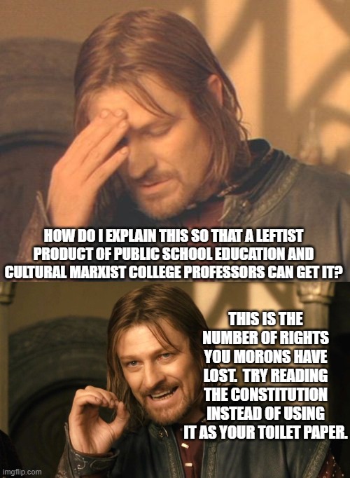 Explaining reality to indoctrinated leftists is fruitless but . . . fun. | HOW DO I EXPLAIN THIS SO THAT A LEFTIST PRODUCT OF PUBLIC SCHOOL EDUCATION AND CULTURAL MARXIST COLLEGE PROFESSORS CAN GET IT? THIS IS THE NUMBER OF RIGHTS YOU MORONS HAVE LOST.  TRY READING THE CONSTITUTION INSTEAD OF USING IT AS YOUR TOILET PAPER. | image tagged in frustrated boromir | made w/ Imgflip meme maker