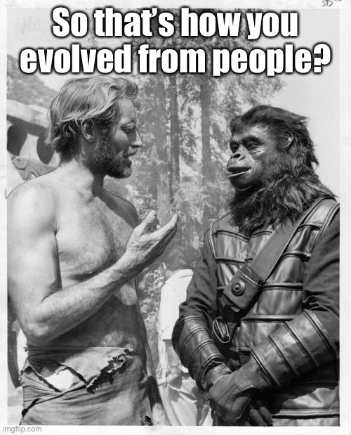 Planet of the apes | So that’s how you evolved from people? | image tagged in planet of the apes | made w/ Imgflip meme maker