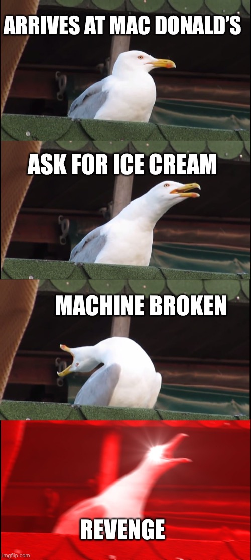 Inhaling Seagull Meme | ARRIVES AT MAC DONALD’S; ASK FOR ICE CREAM; MACHINE BROKEN; REVENGE | image tagged in memes,inhaling seagull | made w/ Imgflip meme maker