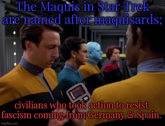 France was invaded, but it's spirit wasn't broken. | The Maquis in Star Trek are named after maquisards;; civilians who took action to resist fascism coming from Germany & Spain. | image tagged in tuvok voyager maquis,history,science fiction,world war 2 | made w/ Imgflip meme maker