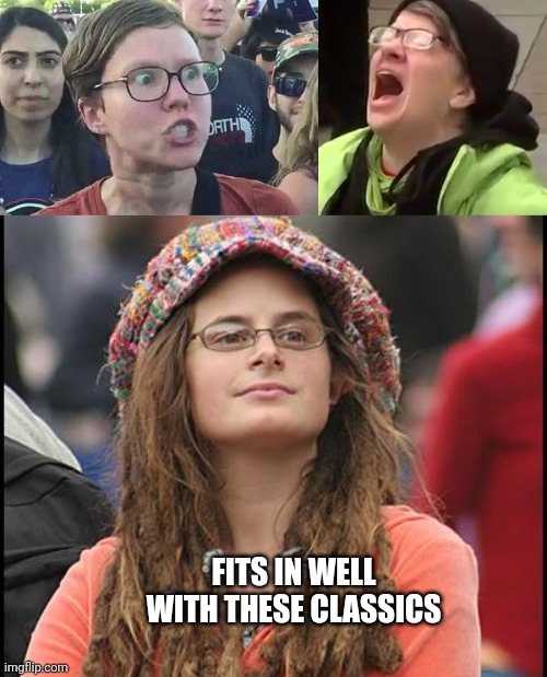 FITS IN WELL WITH THESE CLASSICS | image tagged in triggered liberal,screaming liberal,memes,college liberal | made w/ Imgflip meme maker