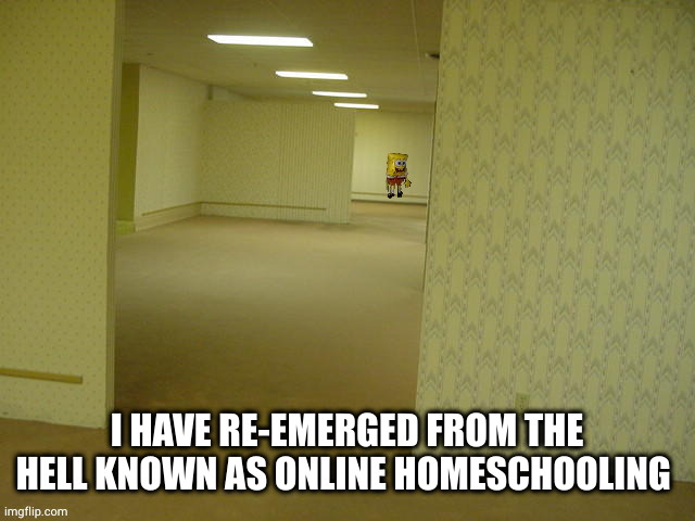 helo what has happened while I was gone | I HAVE RE-EMERGED FROM THE HELL KNOWN AS ONLINE HOMESCHOOLING | image tagged in backrooms spongebob | made w/ Imgflip meme maker