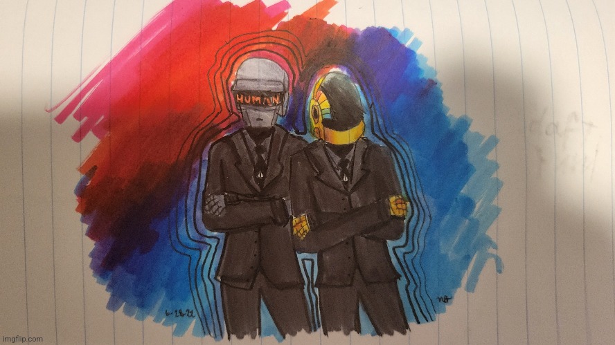 A drawing that I did in an old school notebook that I'm about to work on digitally. | image tagged in art,daft punk | made w/ Imgflip meme maker