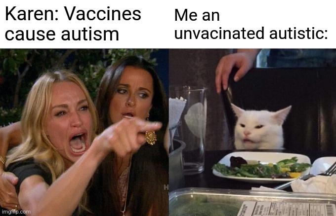Woman Yelling At Cat Meme | Karen: Vaccines cause autism; Me an unvacinated autistic: | image tagged in memes,woman yelling at cat,karen,autism | made w/ Imgflip meme maker